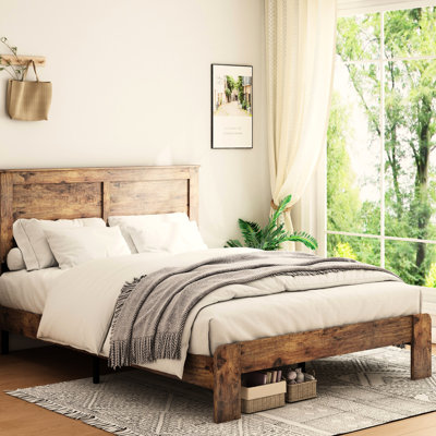 Cadre de lit double en bois brun foncé, lit plateforme silencieux, pas de sommier tapissier nécessaire, assemblage facile avec guide, grand rangement sous le comptoir, métal et construction, look industriel pour cadre de chambre à coucher brun,