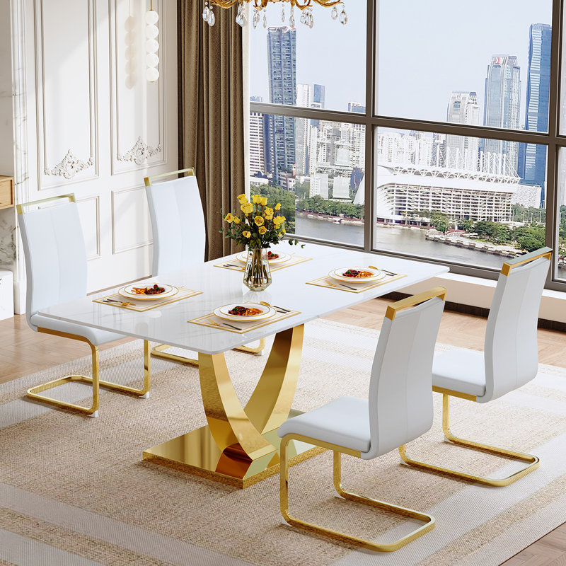 Modern Dining Table Set For 4,Rectangular Pedestal Dining Table With Chairs, White, White