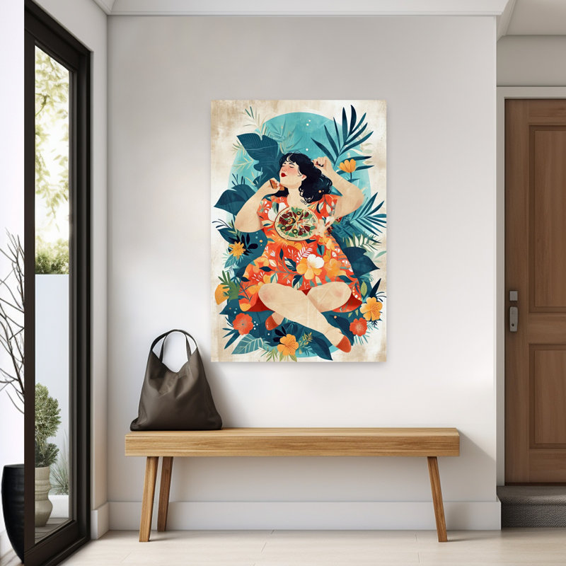 «Happy Woman Eating Pizza Tranquil Vibrant Nature Summer», art mural, H 60 po x l 40 po
