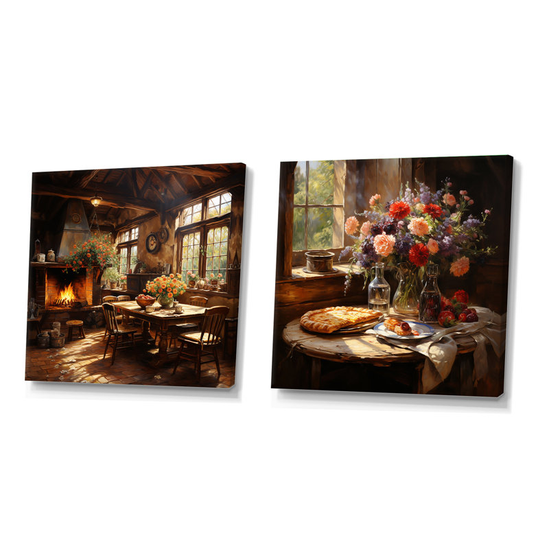 Rustic Elegant Flower Pizza Country Home - Ensemble de 2 collages carrés à pizza, Toile tendue, H 16 po x l 33 po