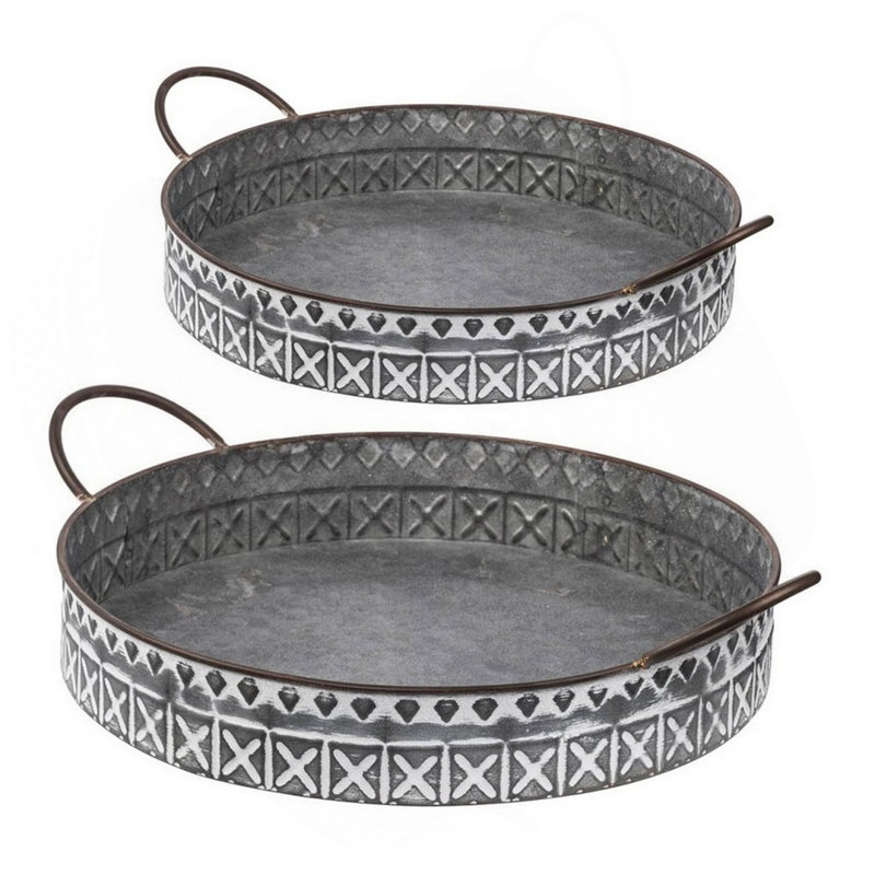 18, 20 Inch Set Of 2 Round Serving Trays With Handles, Galvanized Gray Iron