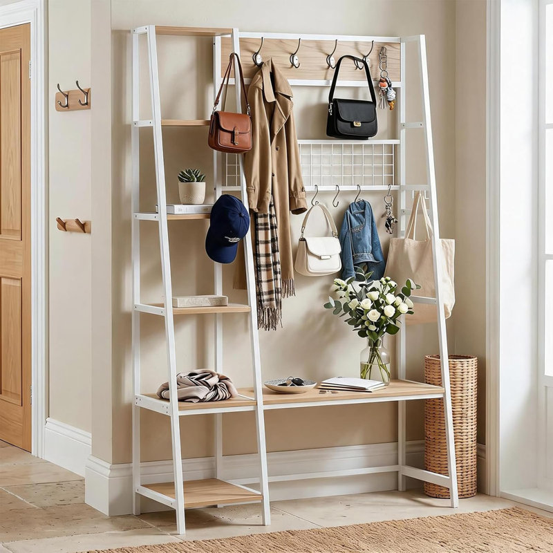 4-in-1 Hall Tree with Shoe Bench, Entryway Coat Rack with 8 Removable Hooks, Industrial Storage Bench with Shelves for Entryway, Mudroom & Hallway