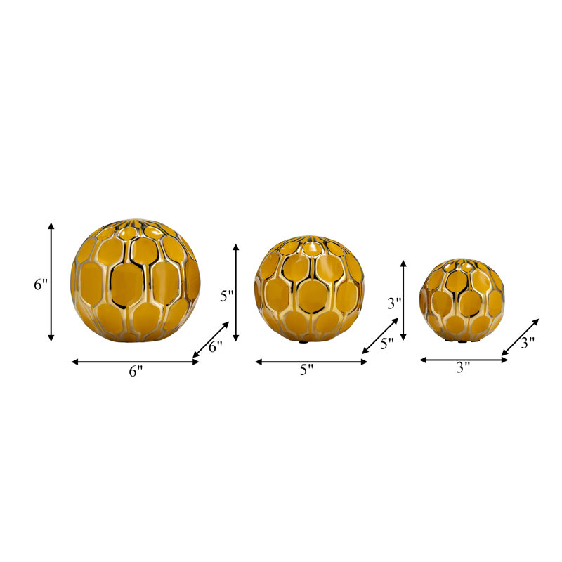 Decorative Stoneware and Ceramic Orbs with Glossy Geometric Design, Set of 3