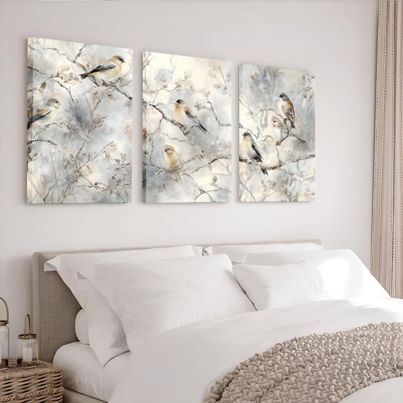 «Birds On Branches Winter Scene», ensemble de 3 reproductions d'art sur toile tendues sur toile, H 30 po x l 60 po