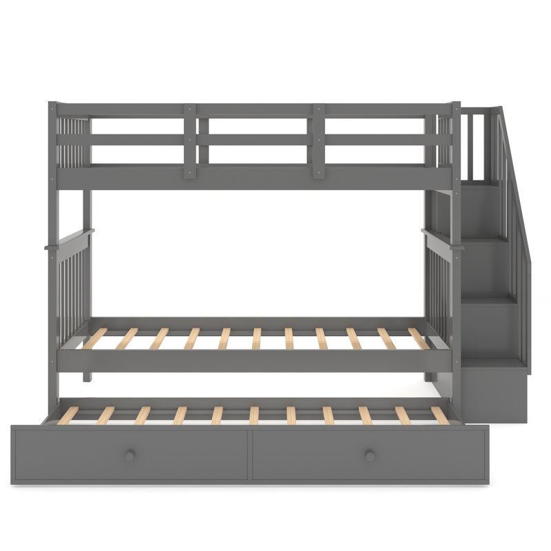 Kids Twin Over Twin Bunk Bed with Trundle with Drawers, Gray
