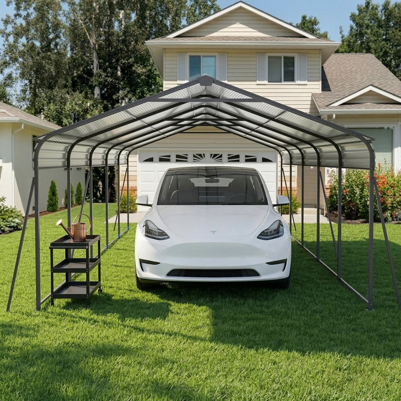Metal Carport Sized 13 by 26.5 Feet, Heavy-Duty Construction with a Galvanized Steel Roof, Metal Garage Canopy Including Galvanized Steel Roof and Framework, Outdoor Storage Tent Suitable for Automobiles, Boats, and Trucks, Finished in Gray