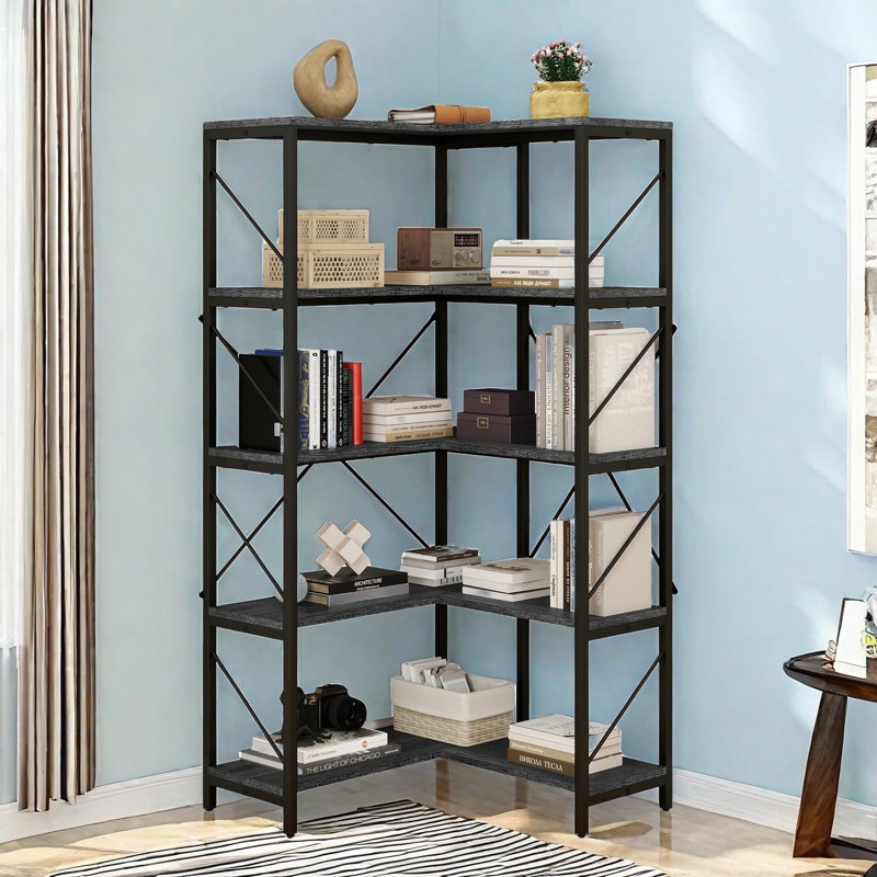 5 Tier Corner Bookcase, Gray/Black
