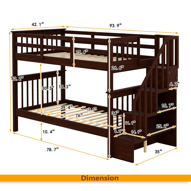 Lit superposé simple au-dessus de simple avec rangement et barrière de sécurité pour chambre à coucher, dortoir, Espresso