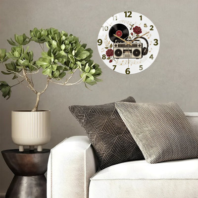 12-Inch Silent Tempered Glass Wall Clock, " Vintage Boombox Viny ” Silent Non-Ticking Clock, Battery Operated (AA Batteries Not Included), Artistic Home Decor