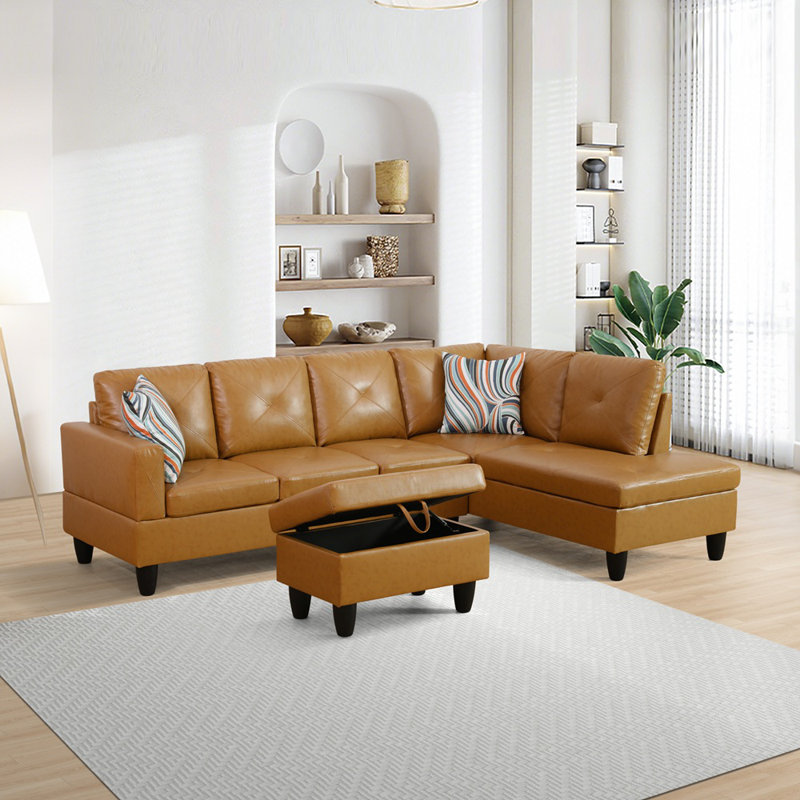 Canapé modulaire en L en similicuir avec méridienne et repose-pieds avec rangement Ronan, Orienté à droite, Tanné