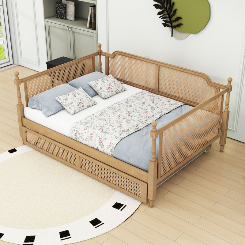 Wood Daybed with Trundle and Rattan Frame, Full/Double, Antique Walnut