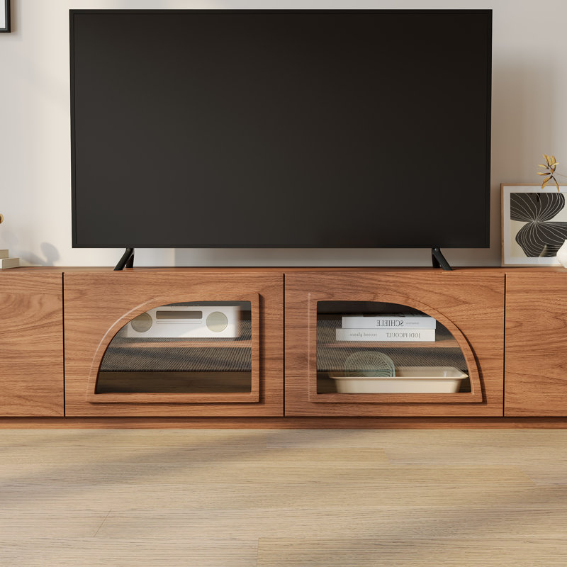 Meuble télé moderne de 240 cm (94,5 po) avec portes vitrées cintrées et rangement multimédia