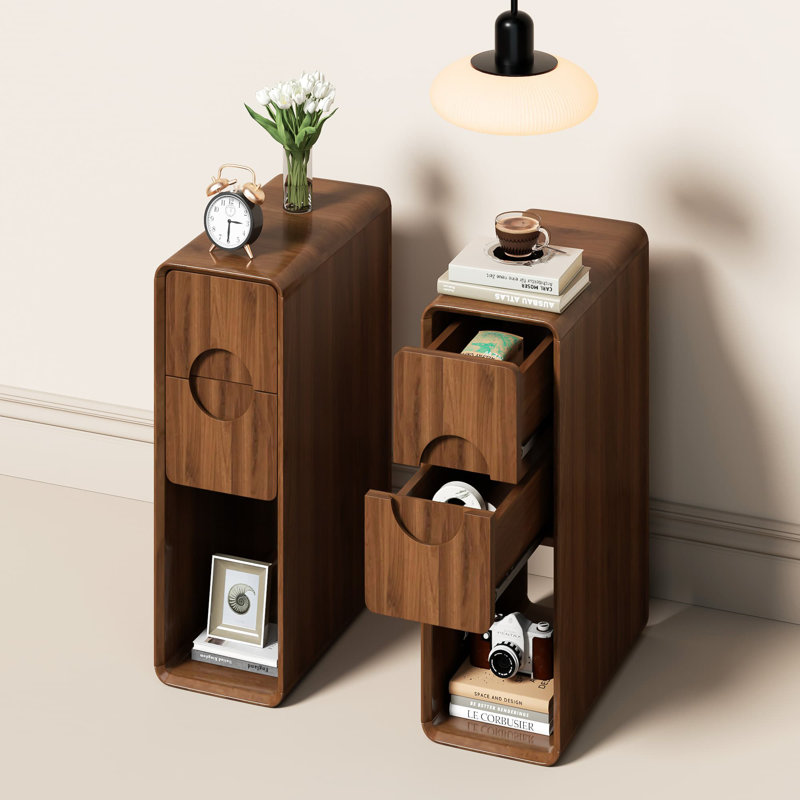 Narrow Side Table Set Of 2, Small End Table With 2 Drawers, Skinny Side Table, Mid Century Modern Side Table For Living Room, Small Spaces