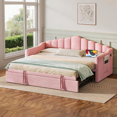 Curved Silhouette Twin Platform Daybed, Sleeper with Adjustable Pop-Up Trundle, Soft Pink Velvet Upholstered Frame