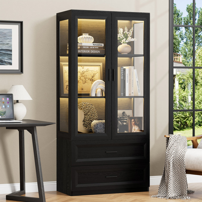 Display Cabinet With Led Lights, Curio Storage Cabinet With Acrylic Doors & 2 Drawers, 67" Bookcase Display Case For Collectibles, Human Body Sensor, Home Office, Living Room, Black