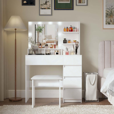 Vanity, Makeup Vanity Desk Set With Mirror & Light, Dressing Table Storage Lots With Power Strip, 3 Lighting Modes With Adjustable Brightness(With Stool)