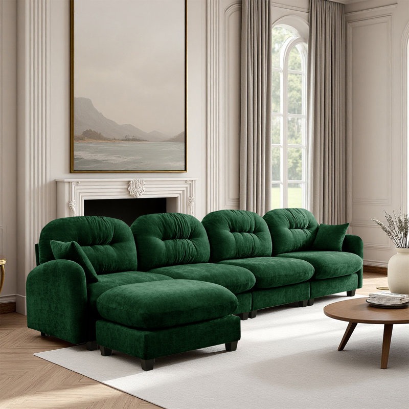 Sectional L Shaped Couch With Ottoman, Chenille Sofa, Green Chenille