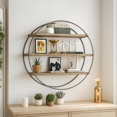 Buecker Wooden Round 2 Tier Floating Shelf Wall Mounted Display Rack