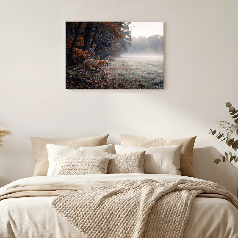 Art mural sur toile, "Red Fox Walking in Misty Autumn Forest", 24"H x 36"W
