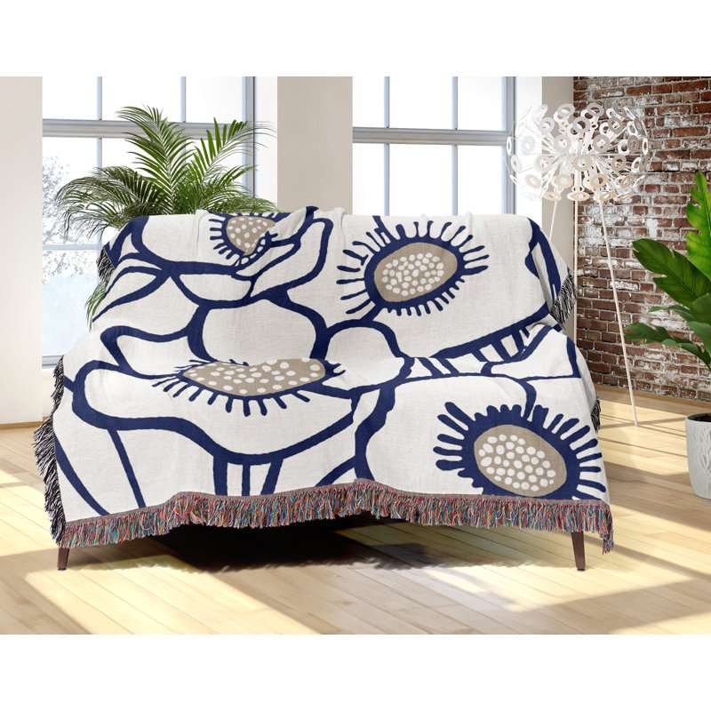 Jeté floral en coton, 50 x 60, Marine