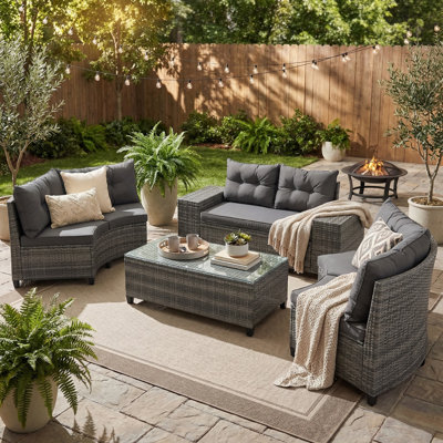 8-Piece All Weather Outdoor Wicker Round Sectional Sofa Set, Half-Moon Patio Conversation Set With Rectangular Coffee Table for Backyard, Poolside