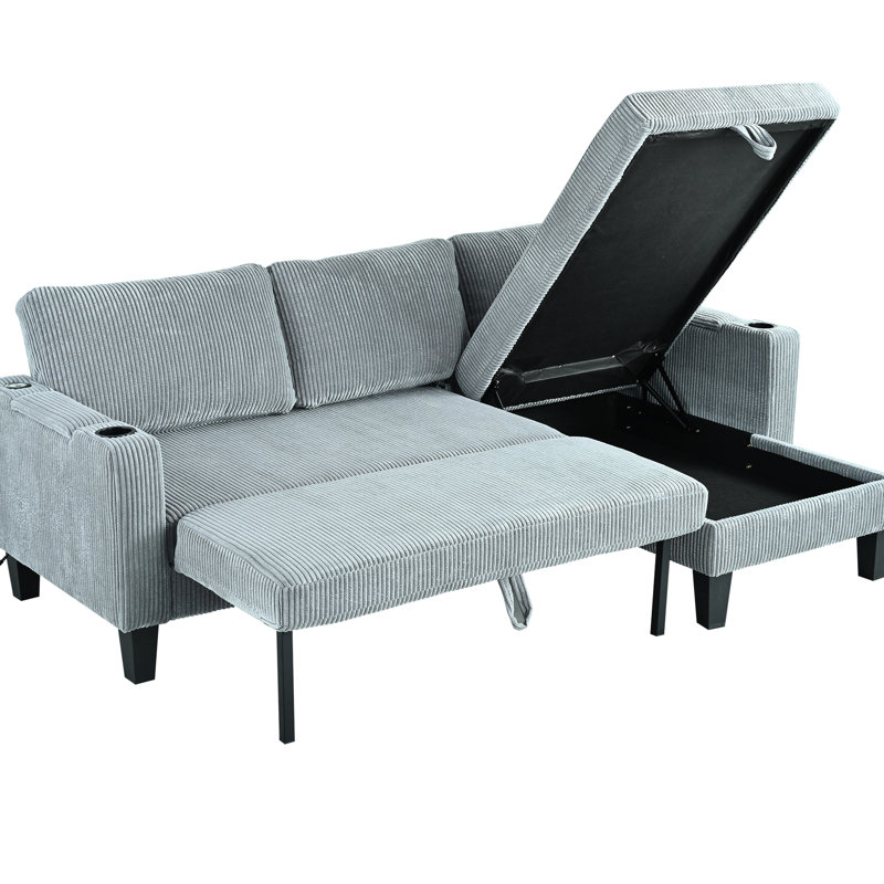 Modern Reversible Sectional With Storage Chaise, Cup Holders, And Charging In Gray Corduroy For Bedroom, Office, Apartment - 84.71 Depth, 51.81 Width, 33.58 Height, 115.11 Lb Weight Arm Bedroom