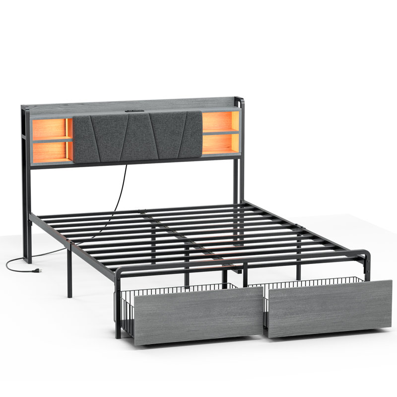 Ortenzia Bed Frame with Storage Headboard, Drawer, Charging Station and LED Light, Gray, Full