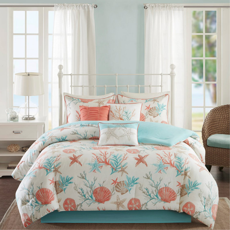Ensemble d'édredon en satin de coton 7 pièces Coral Cal King, Édredon très grand californien + 6 pièces suppl