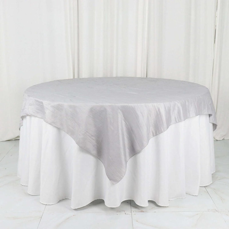 72"X72" Peacock Teal Accordion Crinkle Taffeta Table Overlay, Square Tablecloth Topper, Silver
