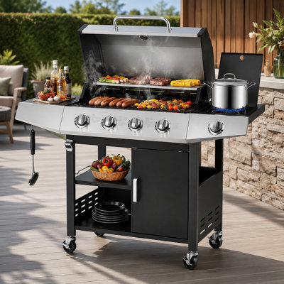 Barbecue au gaz propane à 4 brûleurs avec brûleur latéral - 50 000 BTU, 474 pieds carrés Surface de cuisson, acier inoxydable, roues verrouillables, thermomètre intégré et ouvre-bouteille
