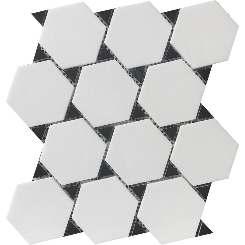 Carreau de mosaïque hexagonal en marbre 12 po x 12 po Thassos & Nero Marquina