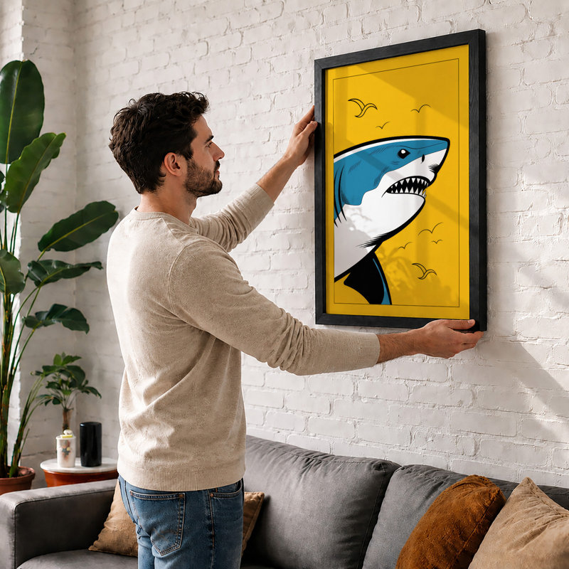 Shark in Yellow Sky Modern 1 Piece Single Picture Frame Wall Art, A4 - 29.7 x 21.0 cm, White
