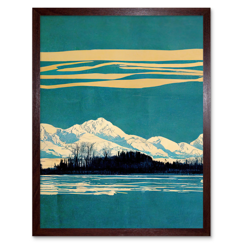 Winter Lakeside Landscape Snowy Mountains - Print, 43cm H x 33cm W, Brown Framed Paper