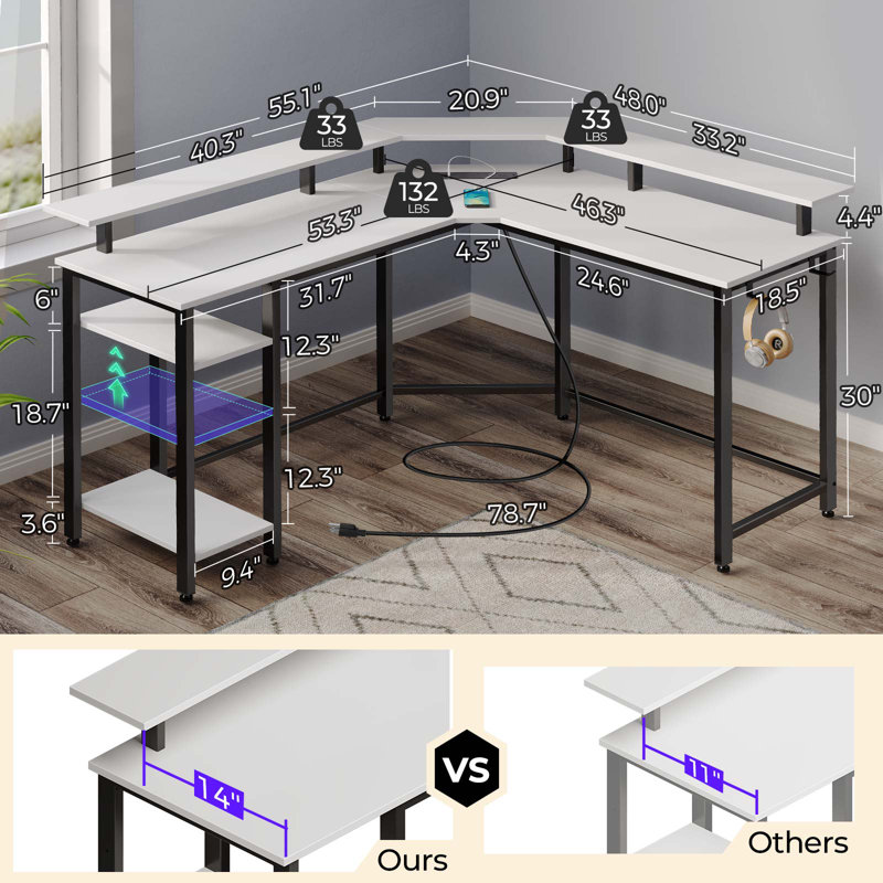 Lameen L Shaped Computer Desk with Power Outlets & RGB Lights, Corner Desk with Monitor Shelf, 30" H x 56" W x 56" D, White