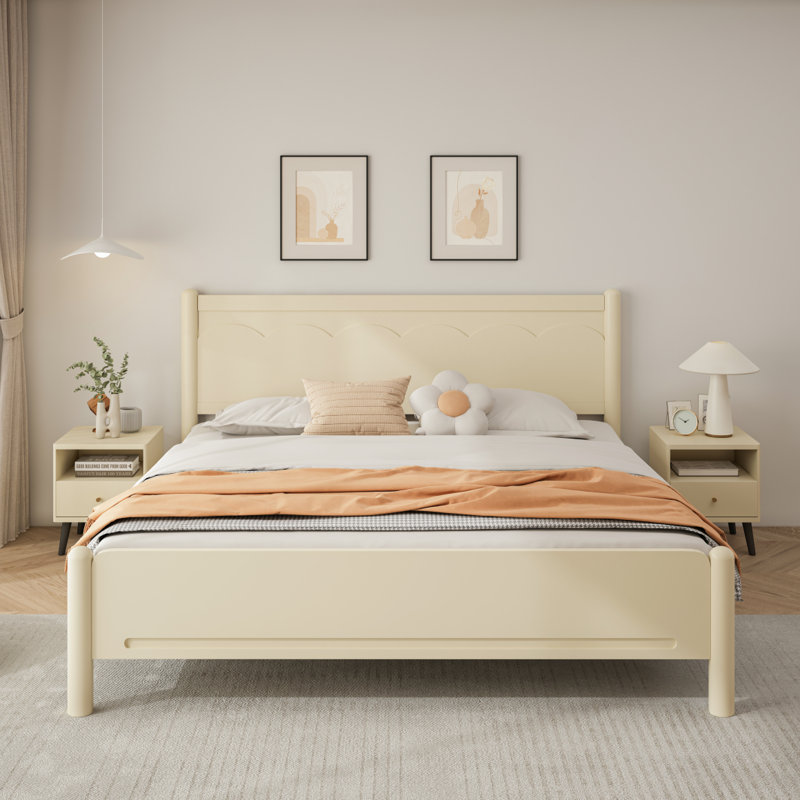 Structure de lit plateforme très grand en bois avec tête de lit et support en lattes de bois, beige, Beige / Naturel