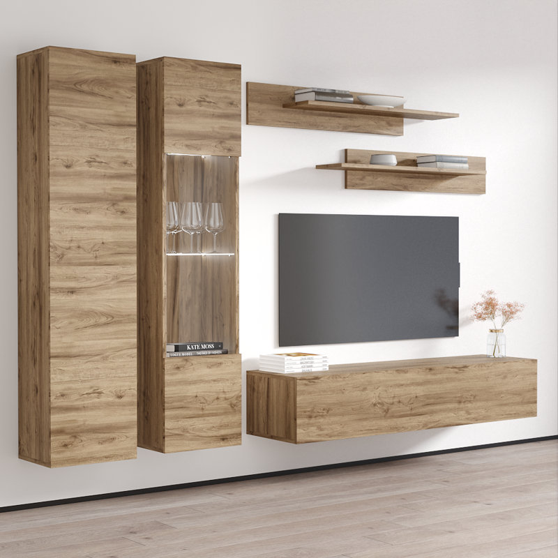 Villard 100" Modern Floating Wall Mounted Entertainment Center with 16-Color LED Lighting, High Gloss Finish, Oak