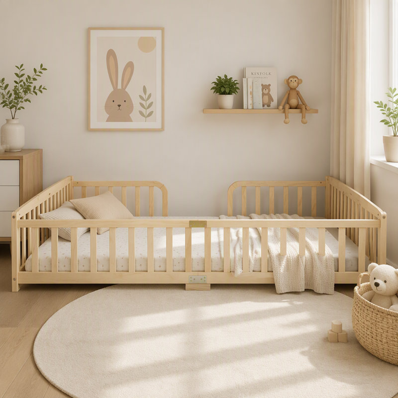 Base de lit en bois de pin avec grand bois naturel