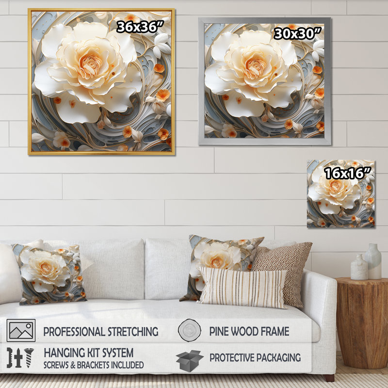 " Exquisite White And Orangerose Blooming ", 30" H x 30" W, White Floater Framed