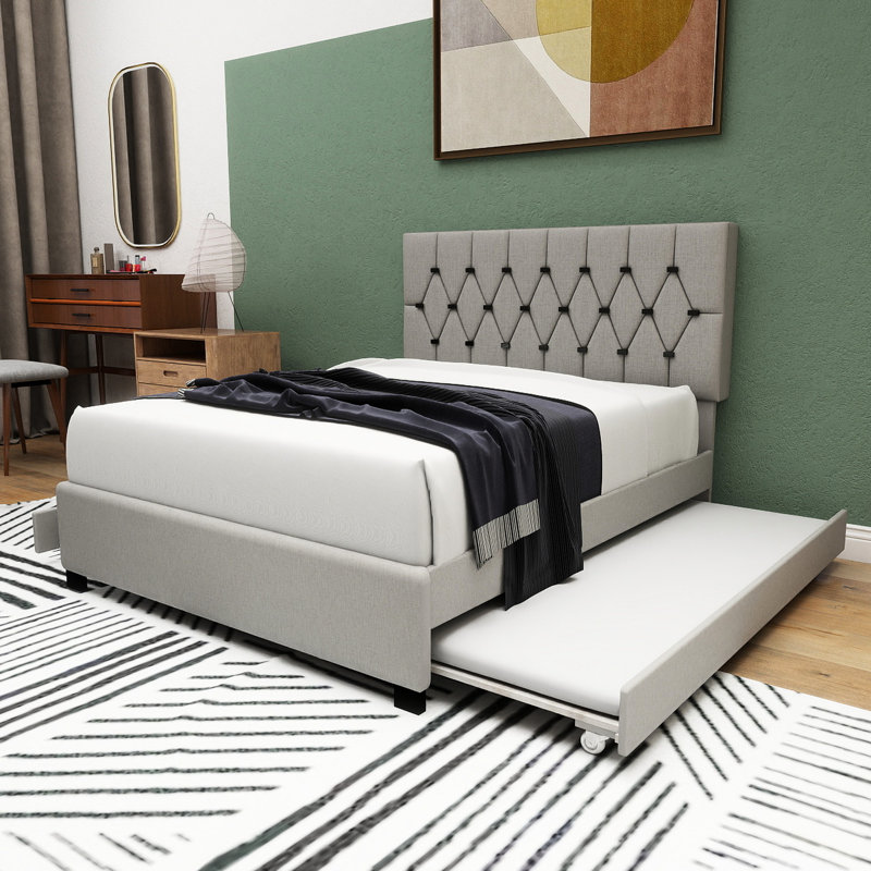 Queen Size Bed With Gray Trundle And 2 Drawers, Modern Style, No Box Spring, Gold Headboard, For Extra Space, Drawers Bedding, Velvet Upholstery Upholstered Design, Tufting, Guests, Storage, Solid