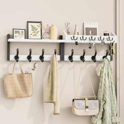 Coat Rack Wall Mount with Shelf for Entryway, White | Wall Mounted Coat and Key Rack with Hooks, Key Holder with Mail Organizer for Wall, Living Room, Mudroom, Bedroom