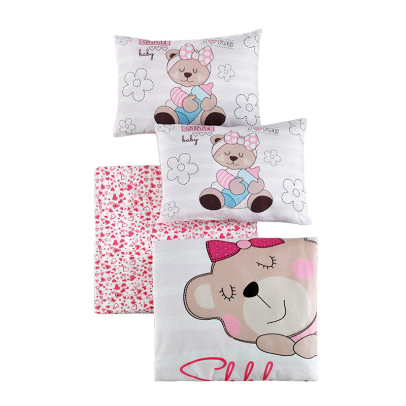 Ensemble de housse de courtepointe en coton doux pour bébé Ranforce, blanc et beige avec des accents roses et noirs | Comprend une housse de couette (39,4 x 59,1 po), un drap plat (39,4 x 59,1 po), 2 taies d'oreiller (13,8 x 17,7 po) | 117 fils, lavable