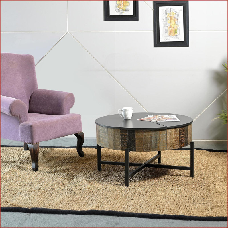 Table basse rustique en bois de manguier rétro avec rangement caché Base en fer robuste pour salon