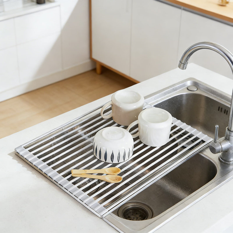 Égouttoir à vaisselle en silicone pliable sur l'évier - antidérapant, résistant à la chaleur et peu encombrant, Argent argent