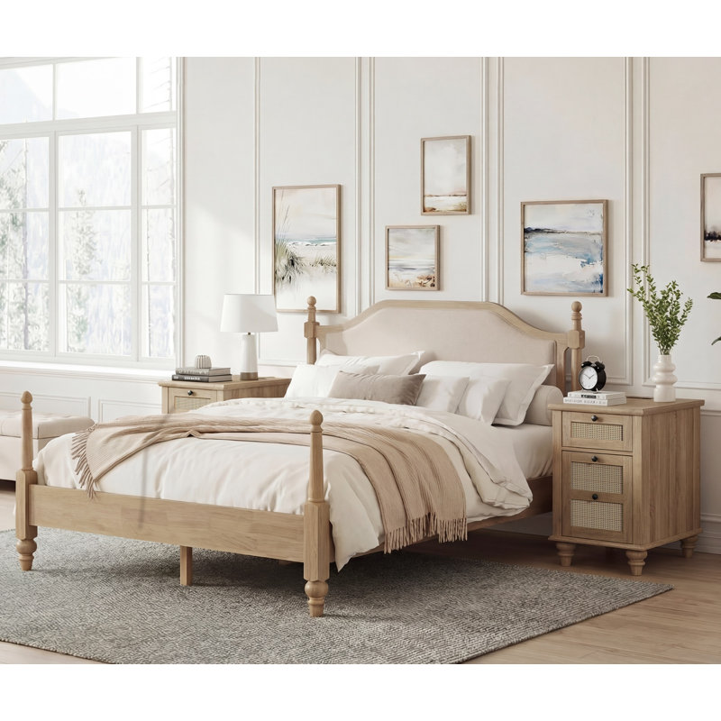 Ensemble de chambre à coucher 3 pièces, cadre de lit plateforme avec tête de lit et ensemble de 2 tables de chevet en rotin avec station de charge, chêne