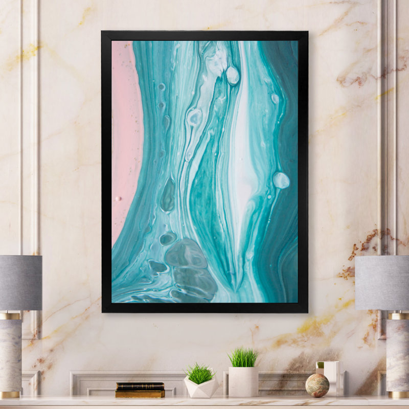 Marbre luxueux turquoise fluide Art III - décoration murale moderne sur toile, H 36 po x l 24 po x P 1 po, Cadre photo noir