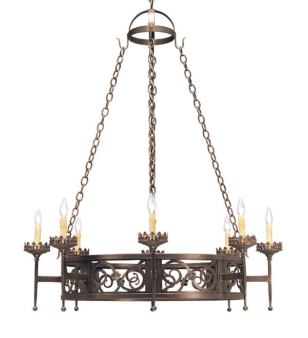 Lustre en roue de chariot unique et remarquable à 8 lumières Majella, Fumée, Parchemin céladon vieilli