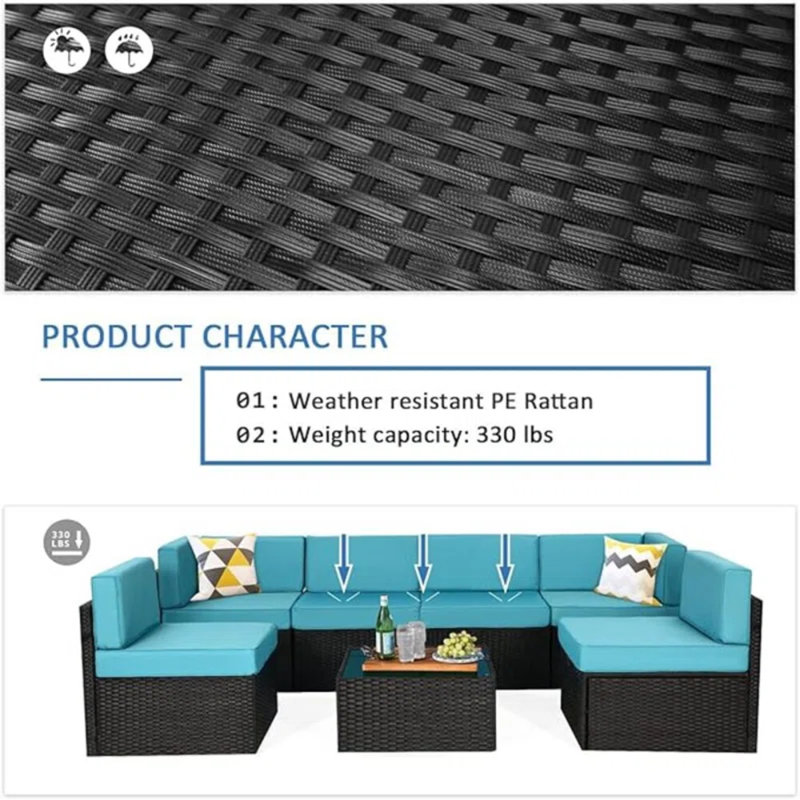 Ensemble de conversation modulaire en rotin 7 pièces avec foyer, Noir, noir, noir, noir, Bleu