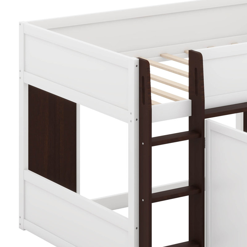 Lit mezzanine double avec maisonnette et rangement, Blanc / Espresso
