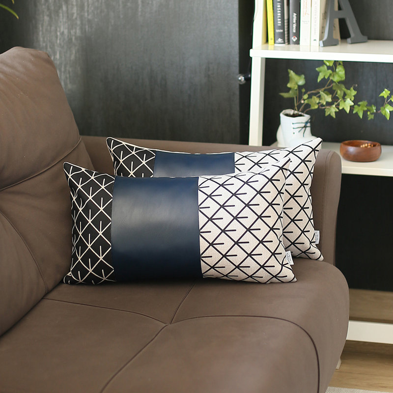 Boho Brown and Ivory Geometric Vegan Leather Lumbar Pillow Covers, 12" x 20", Set of 2