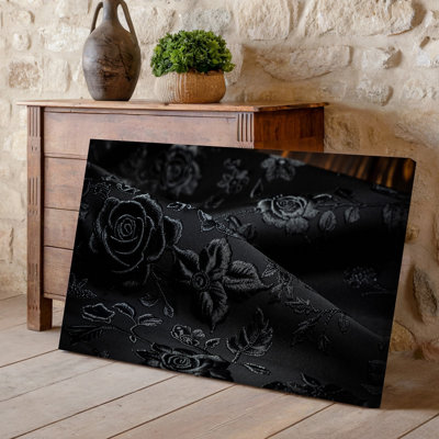 Canvas A Richly Textured Fabric With A Deep Black Background Showcasing Wall Art An Intricate Pattern Of Dark Floral Motifs Including Canvas Wall Art